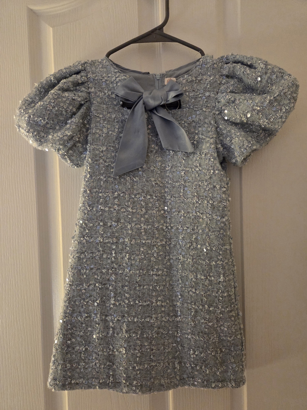 GB girls Silver-blue Sparkle Puff-Sleeve Dress with Satin Bow